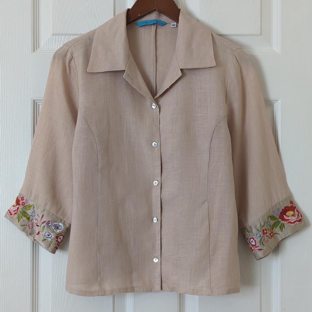Johnny Was 90's Vintage Floral Embroidered Silk Trim Linen Button Down Top Tan M